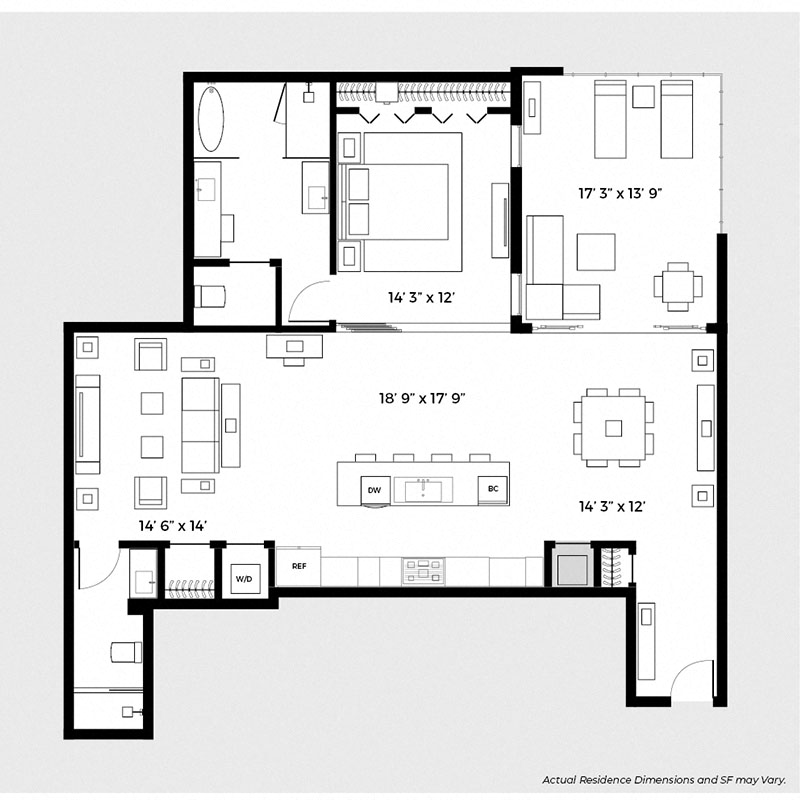 Floor plan for 1 bed, 2 baths, 1345 sqft